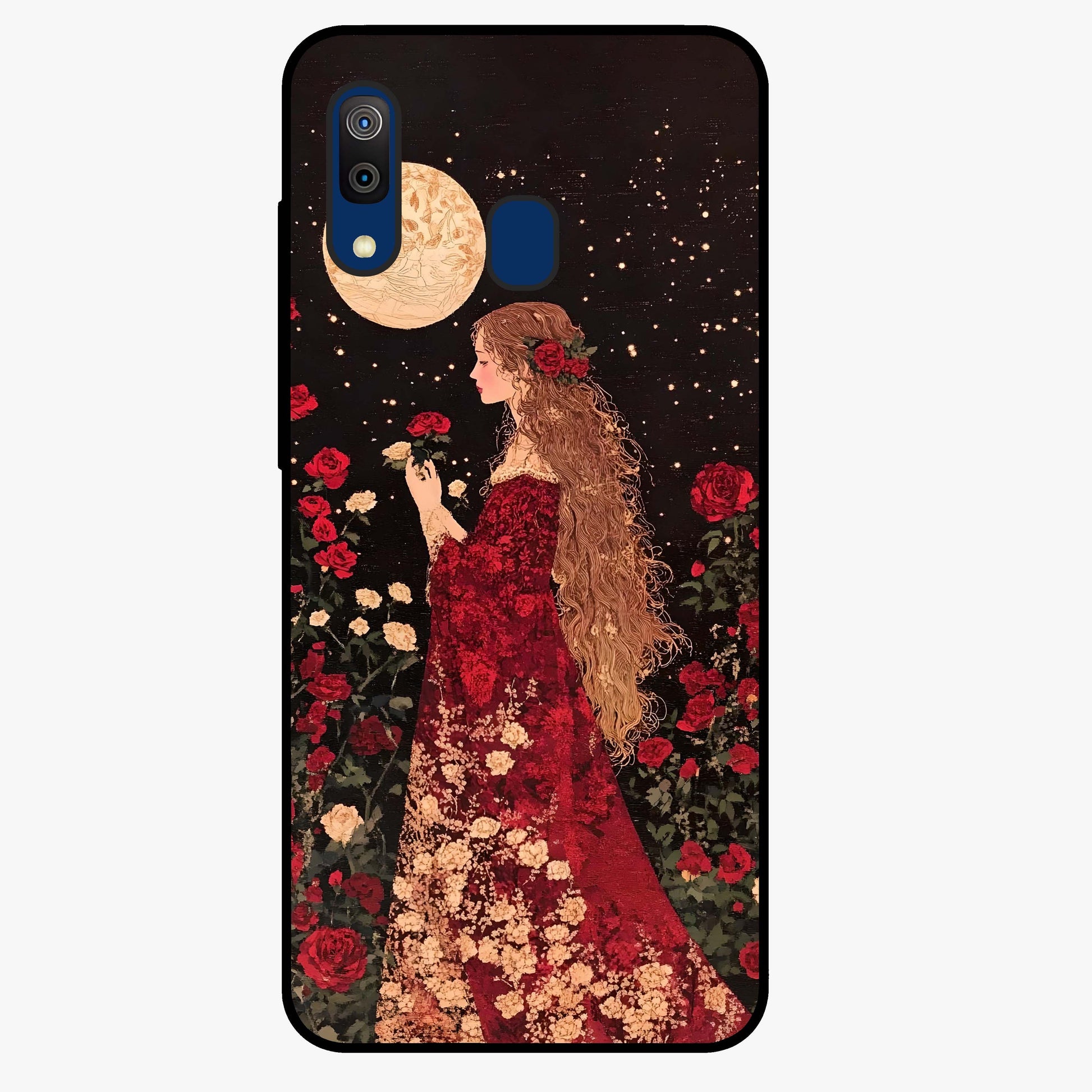 Crimson Dreams Glass Case showing flat back view with dreamy crimson artwork and glossy glass finish.