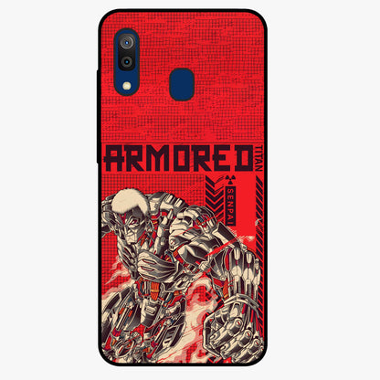 Crimson Mecha Titan Glass Case showing flat back view with powerful mech titan artwork and glossy glass finish.