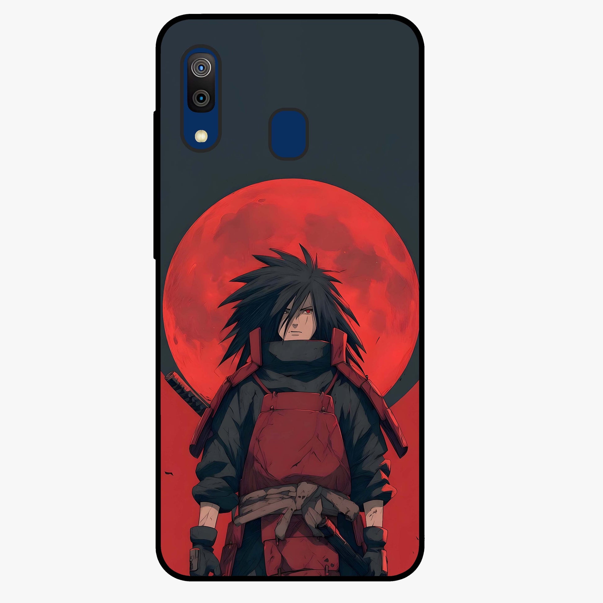Crimson Moon Warlord Glass Case showing flat back view with mystical moon warrior artwork and glossy glass finish.