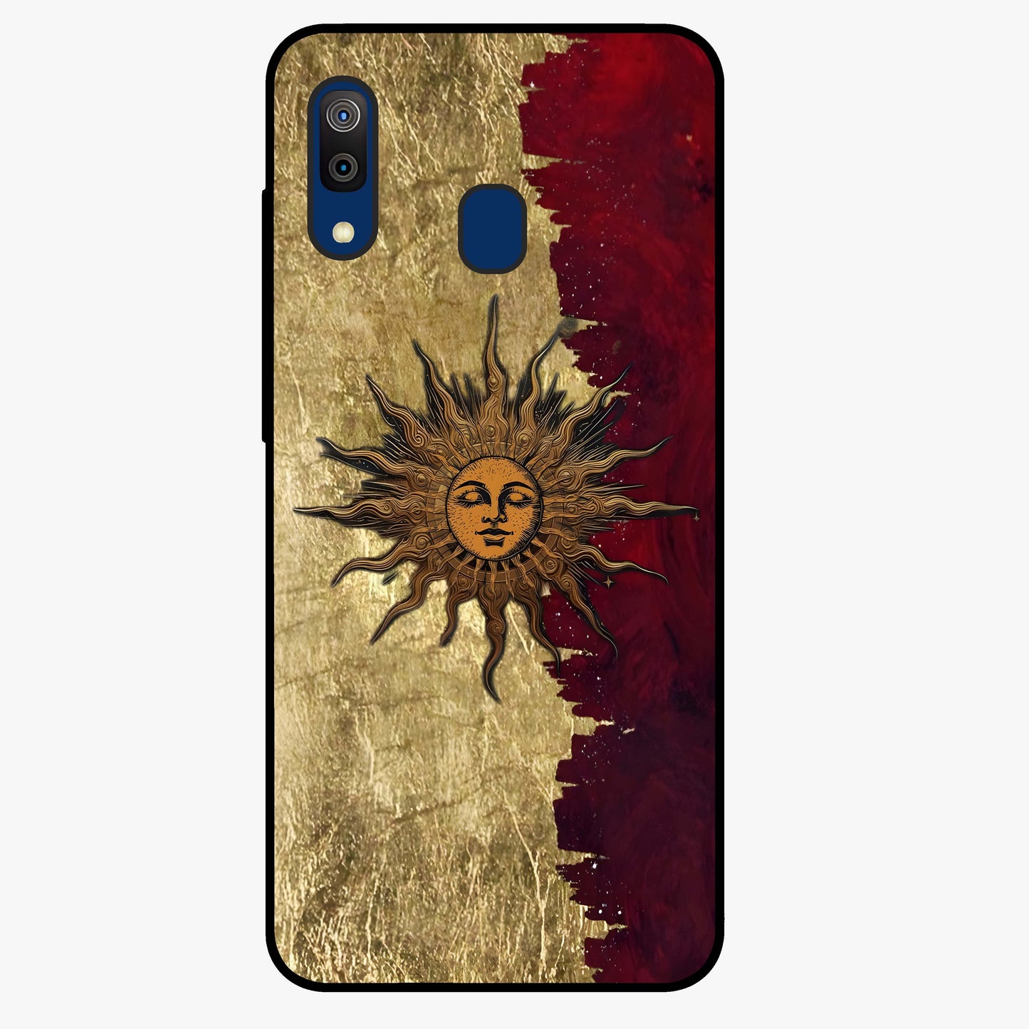 Crimson Sun Majesty Glass Case showing flat back view with radiant sun inspired artwork and glossy glass finish.