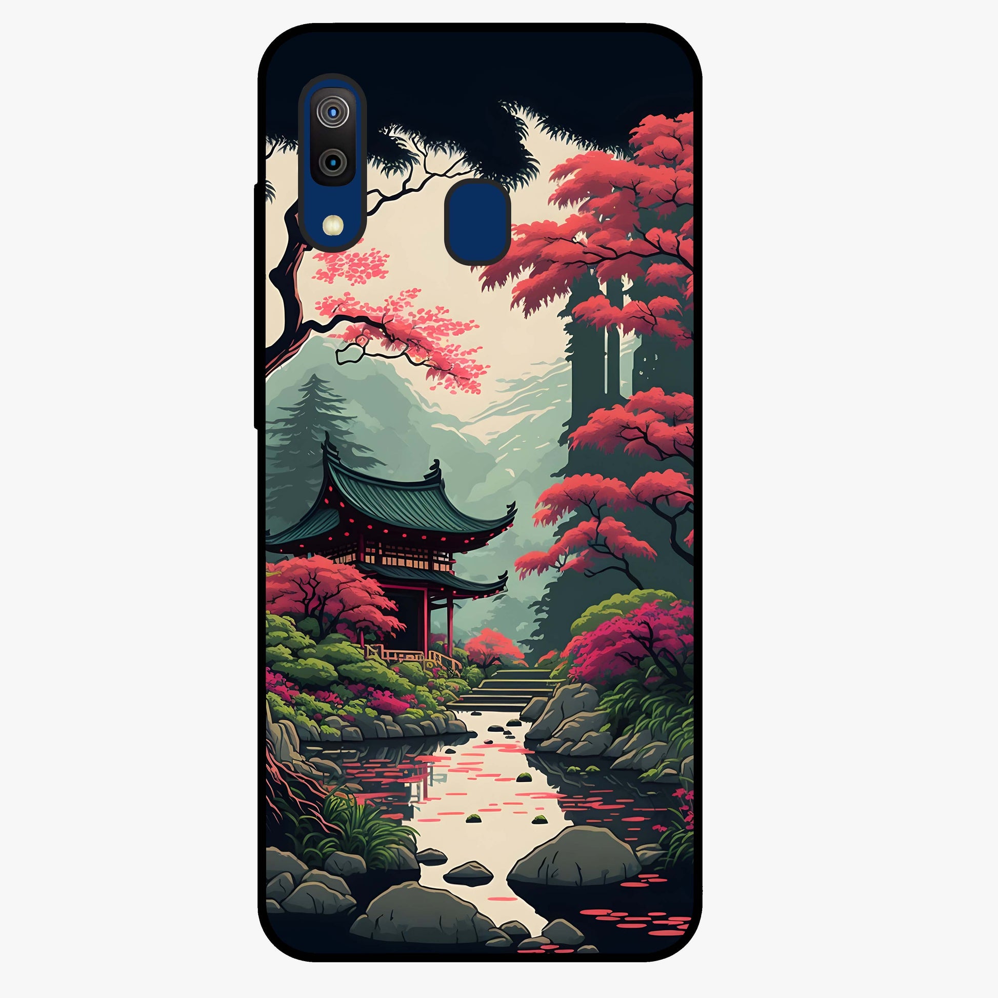 Crimson Temple View Glass Case showing flat back view with temple inspired artwork and glossy glass finish.
