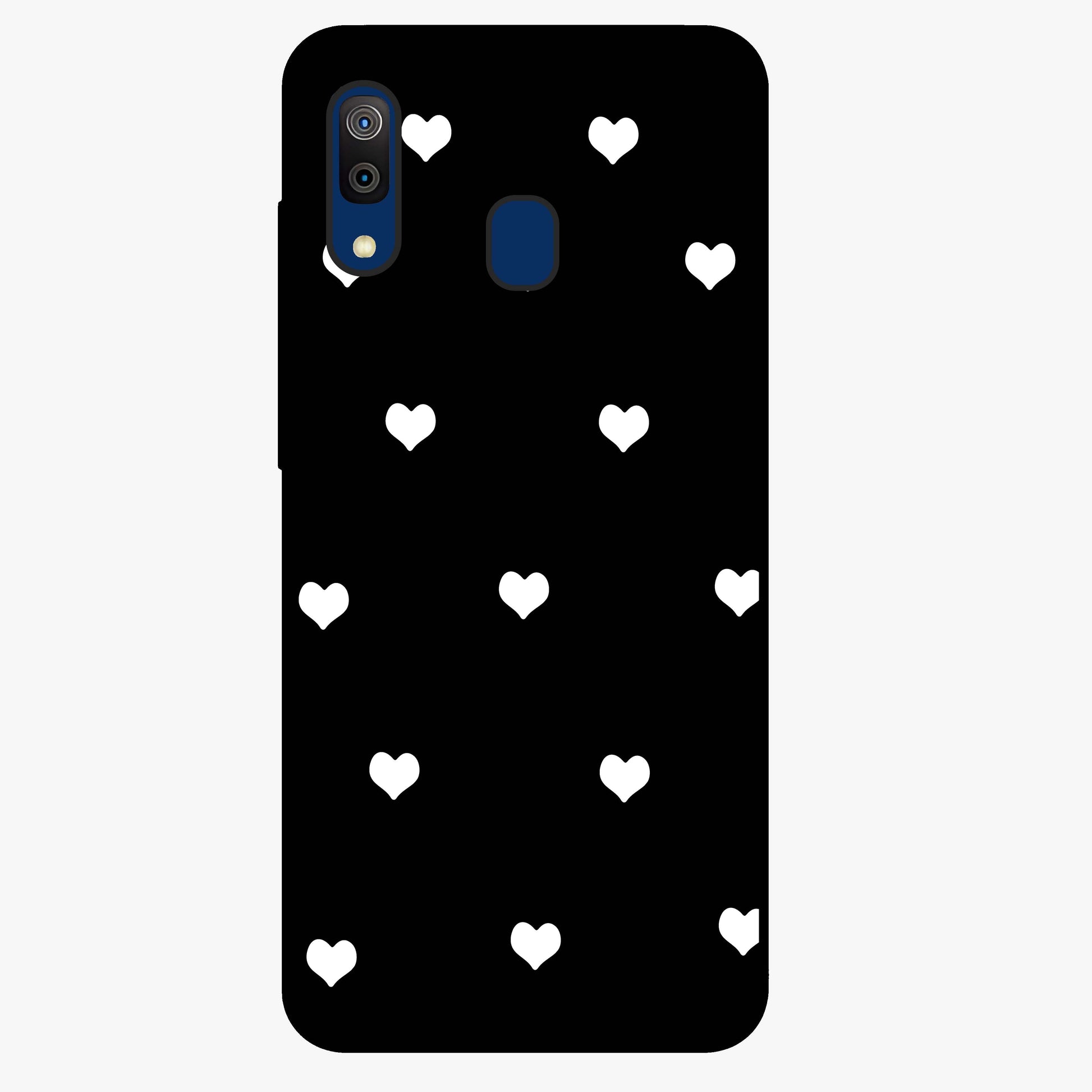 Cute And Simple White Hearts Glass Case showing flat back view with minimal white heart pattern and glossy glass finish.