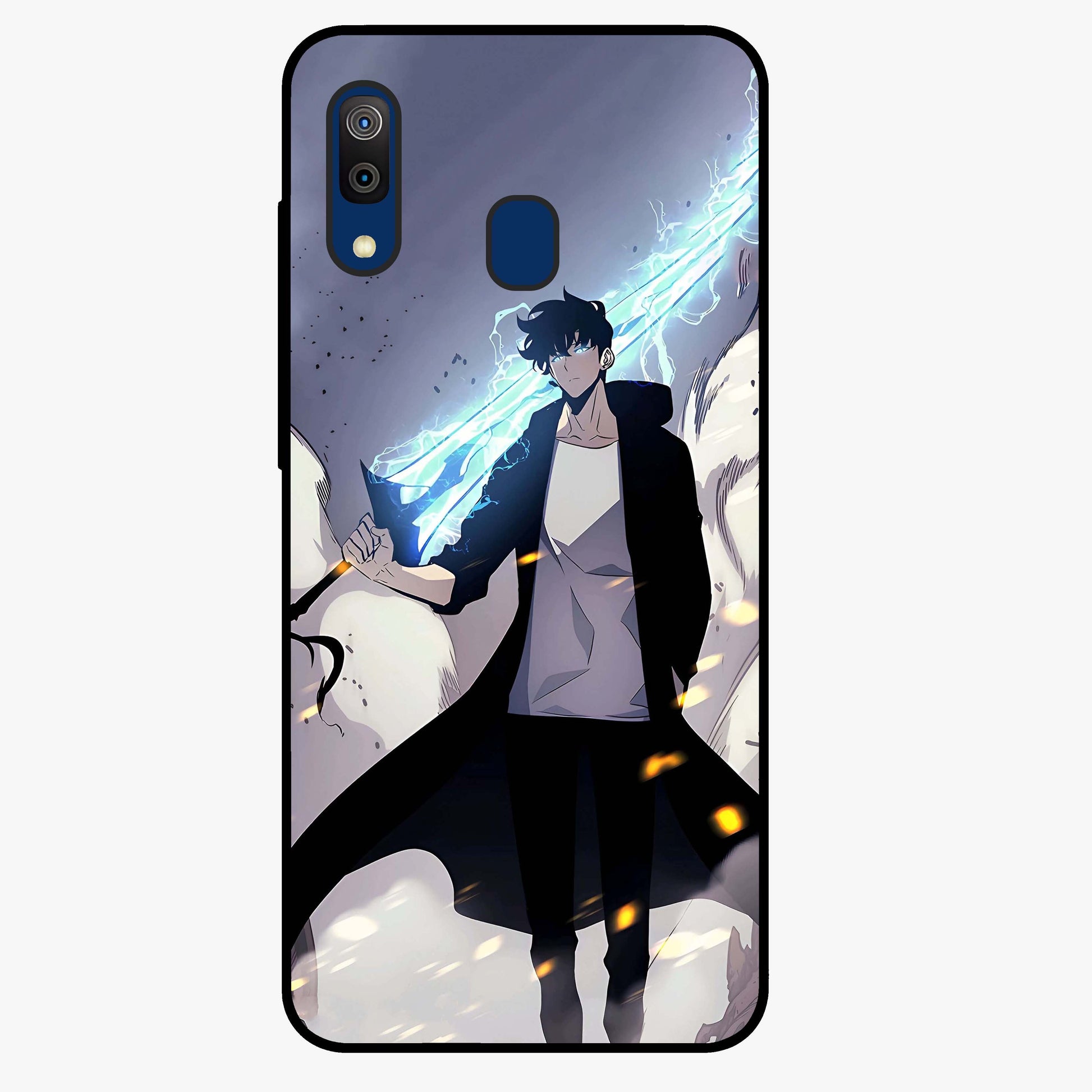 Dark Lightning Anime Warrior Glass Case showing flat back view with intense anime warrior artwork and glossy glass finish.
