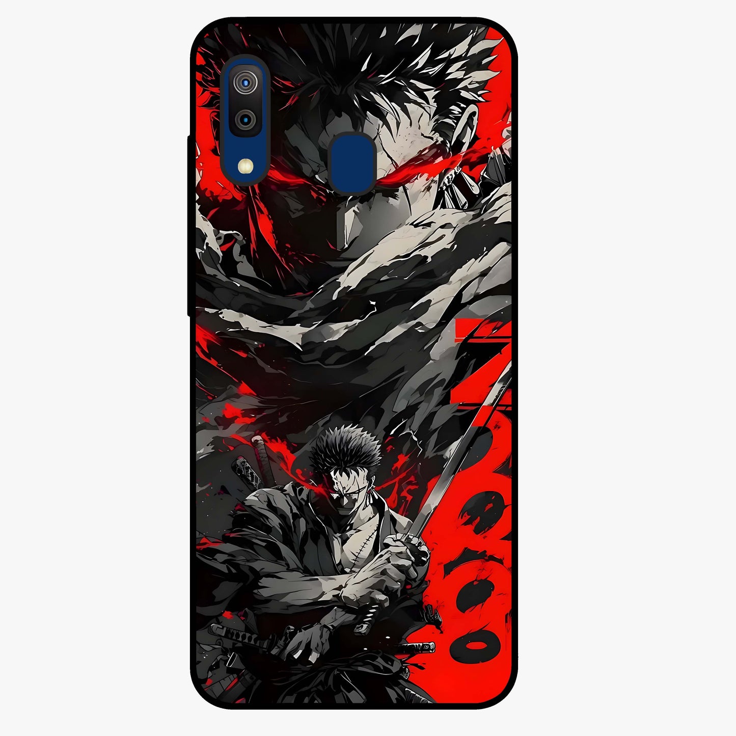 Demon Sword Resolve Glass Case showing flat back view with fierce sword warrior artwork and glossy glass finish.