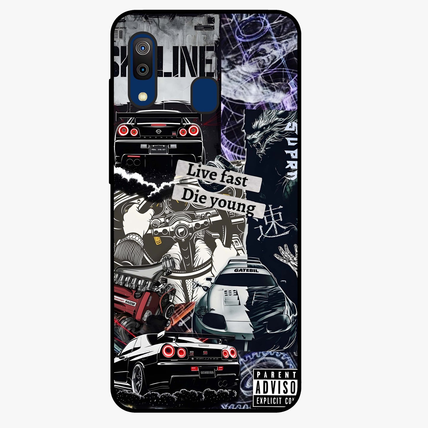 Die Young Glass Case showing flat back view with bold artistic typography design and glossy glass finish.