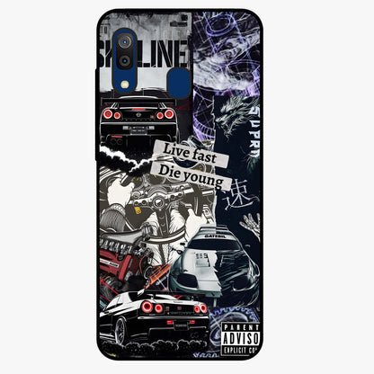 Die Young Glass Case showing flat back view with bold artistic typography design and glossy glass finish.