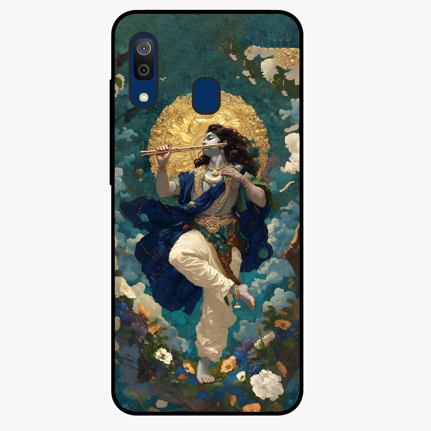 Divine Krishna Art Glass Case showing flat back view with Lord Krishna artwork and glossy glass finish.