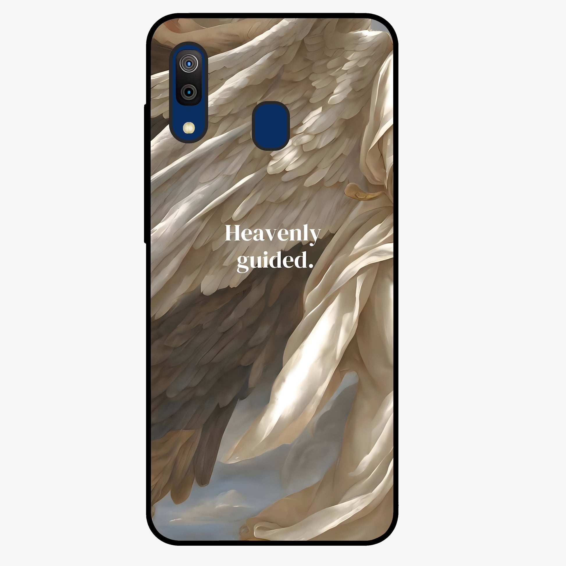 Divine Winged Grace Glass Case showing flat back view with elegant wing inspired artwork and glossy glass finish.