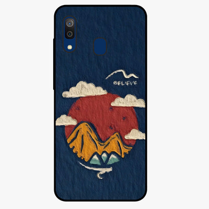 Dream Beyond Mountains Glass Case showing flat back view with scenic mountain landscape artwork and glossy glass finish.