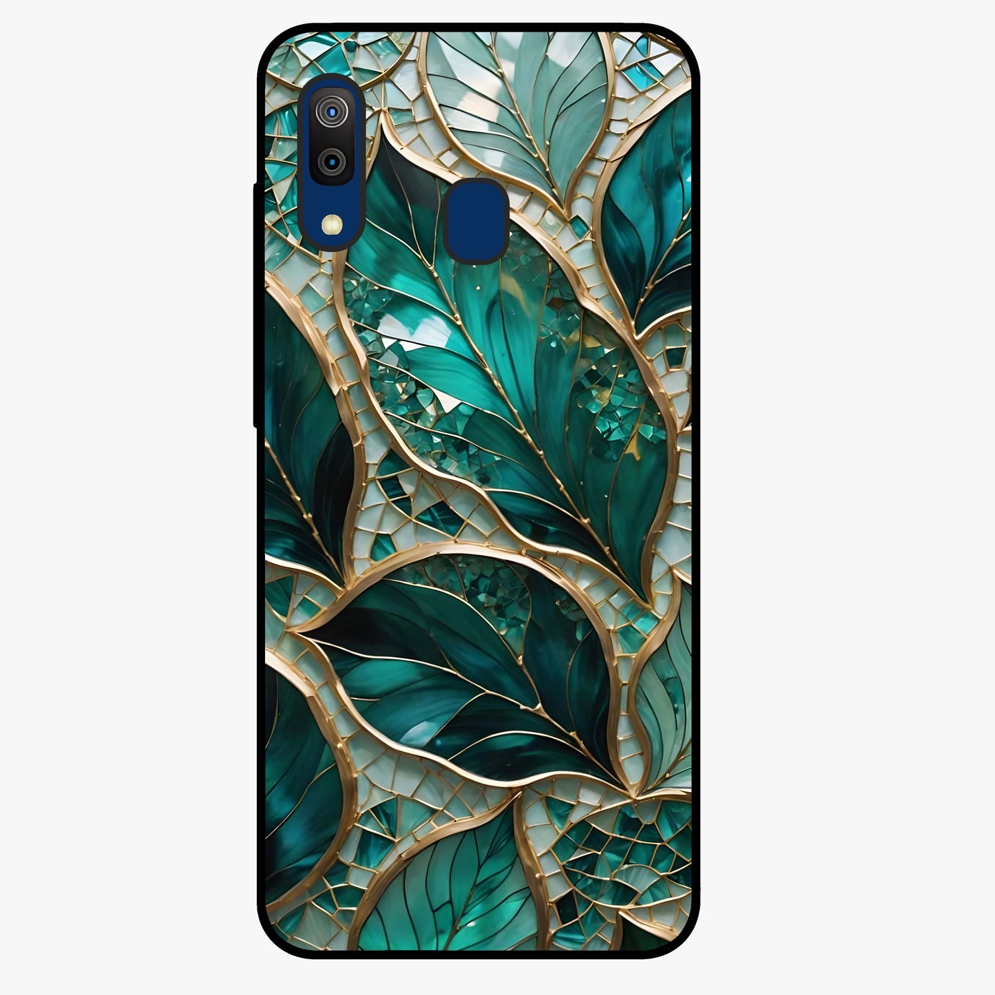 Emerald Leaf Glass Glass Case showing flat back view with emerald green leaf artwork and glossy glass finish.