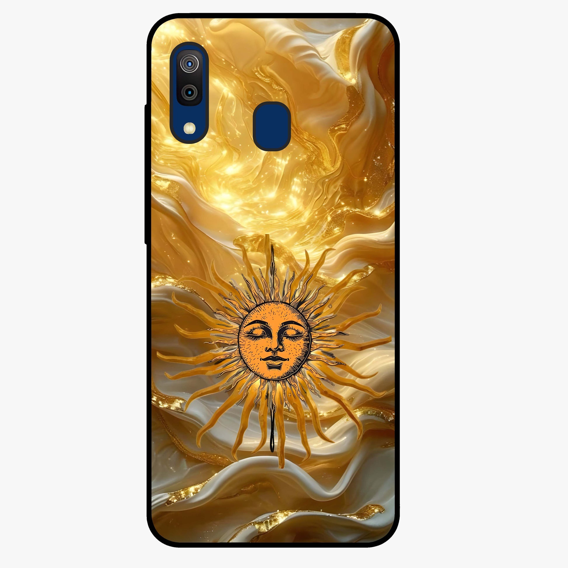 Eternal Golden Glow Glass Case showing flat back view with radiant golden themed artwork and glossy glass finish.