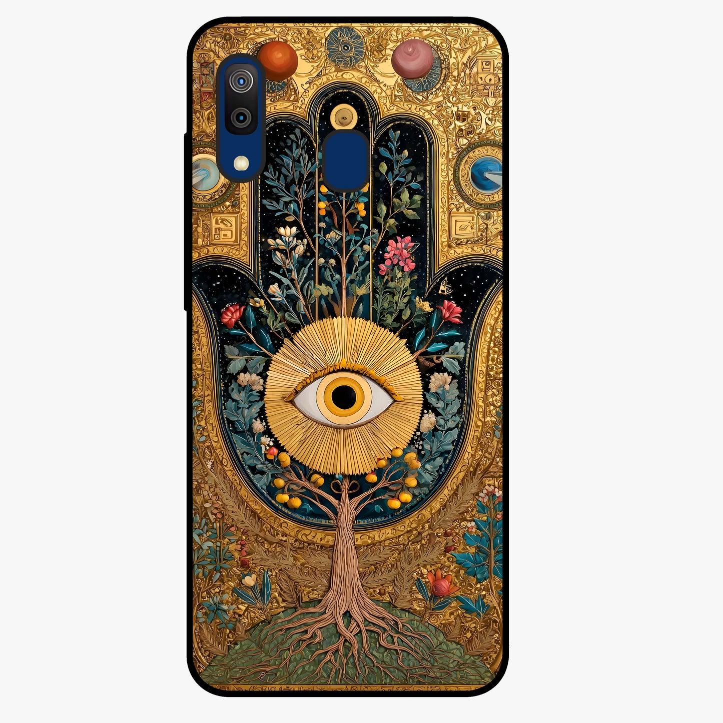 Ethereal Evil Eye Glass Case showing flat back view with mystical evil eye artwork and glossy glass finish.
