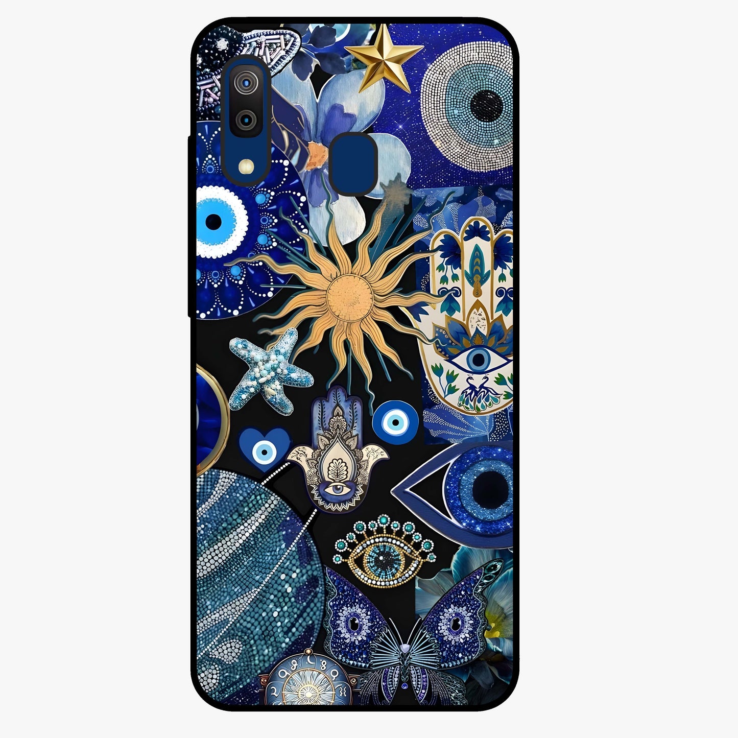 Evil Eye Charm Mix Glass Case showing flat back view with multiple evil eye charms artwork and glossy glass finish.