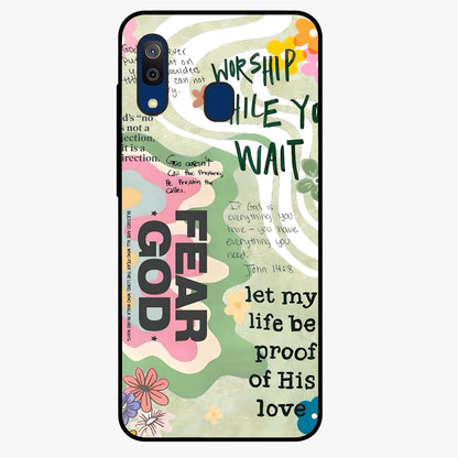 Faith Over Fear Glass Case showing flat back view with motivational typography artwork and glossy glass finish.
