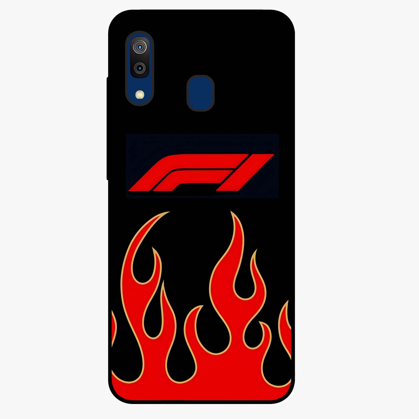 Fire F11 Glass Case showing flat back view with fiery themed artwork and glossy glass finish.