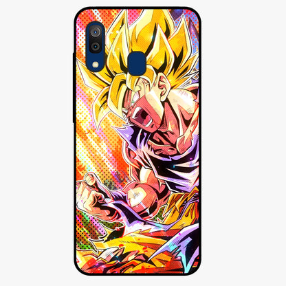 Firing Goku Glass Case showing flat back view with powerful anime inspired artwork and glossy glass finish.