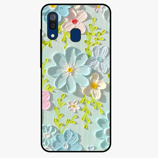 Frosted Petal Garden Glass Case showing flat back view with soft frosted floral artwork and glossy glass finish.