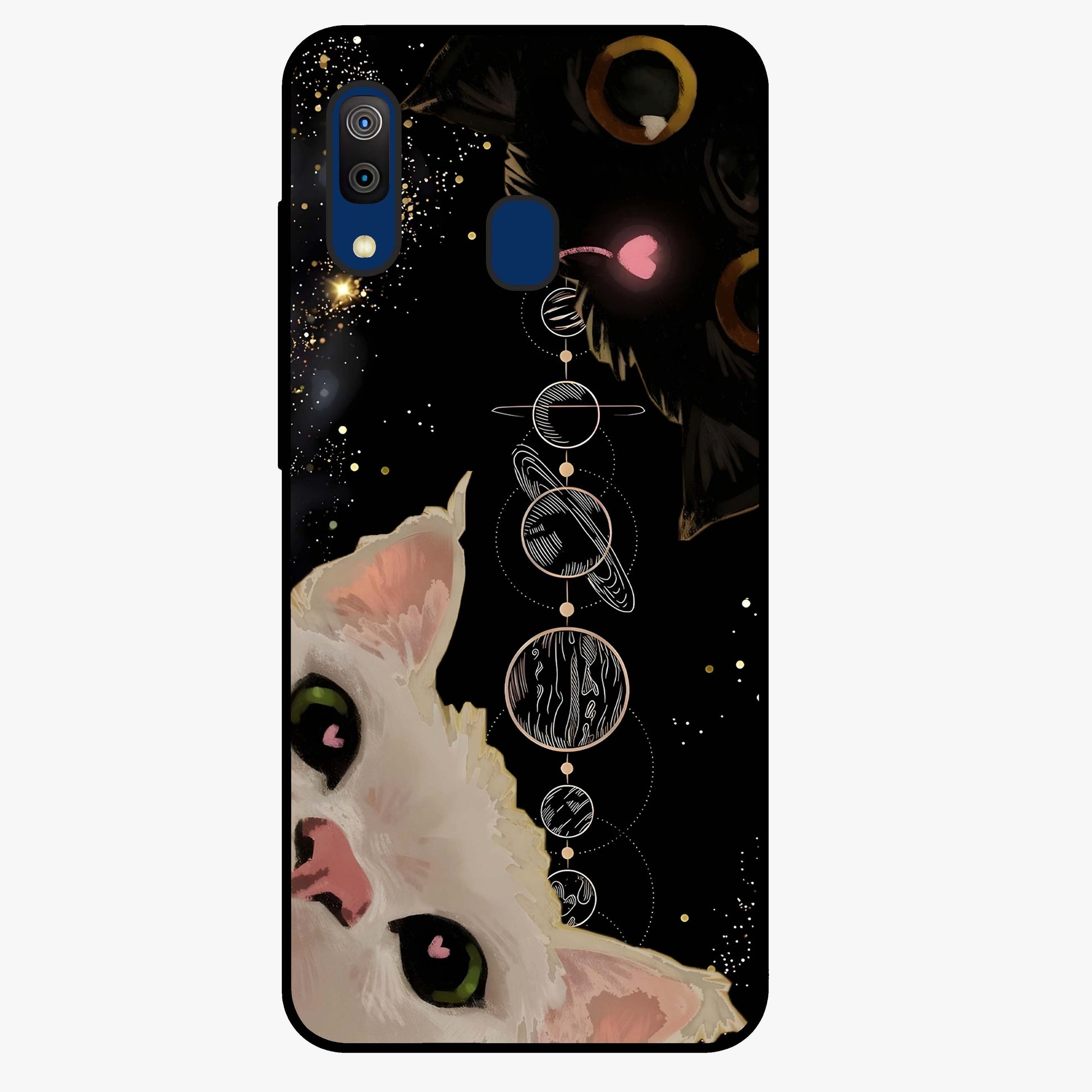 Galactic Cat Glass Case showing flat back view with cosmic cat artwork and glossy glass finish.