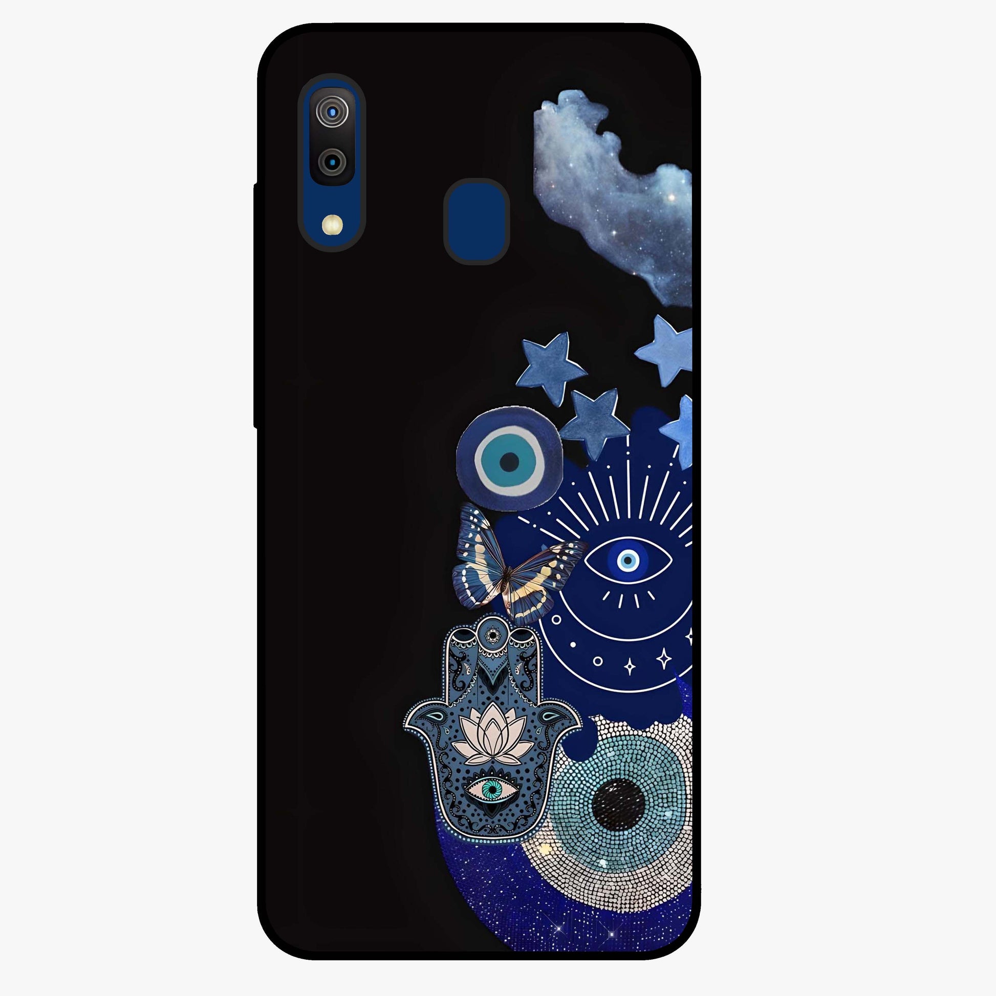 Galactic Charm Cluster Glass Case showing flat back view with glowing celestial charm artwork and glossy glass finish.