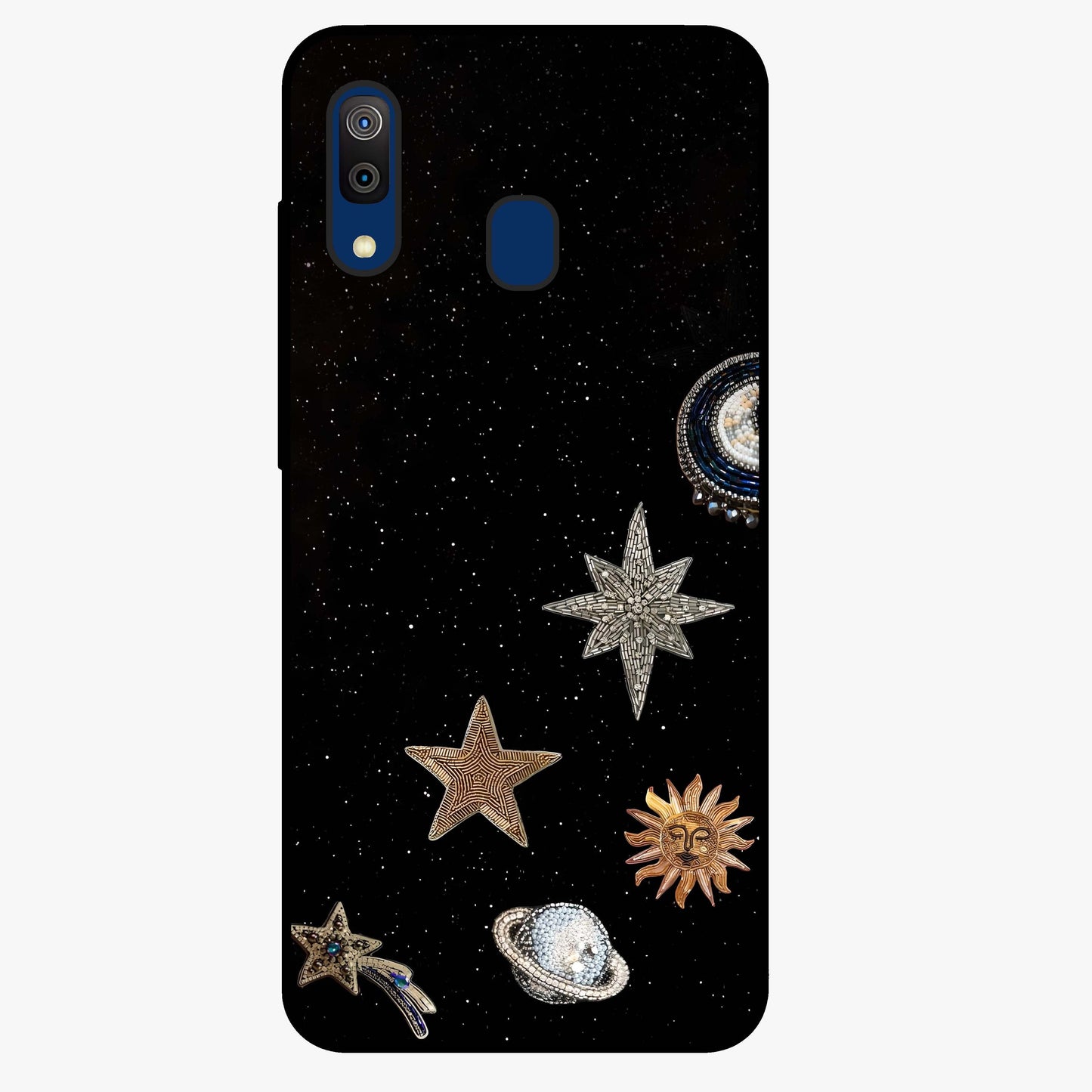 Galactic Charm Glow Glass Case showing flat back view with glowing celestial charm artwork and glossy glass finish.