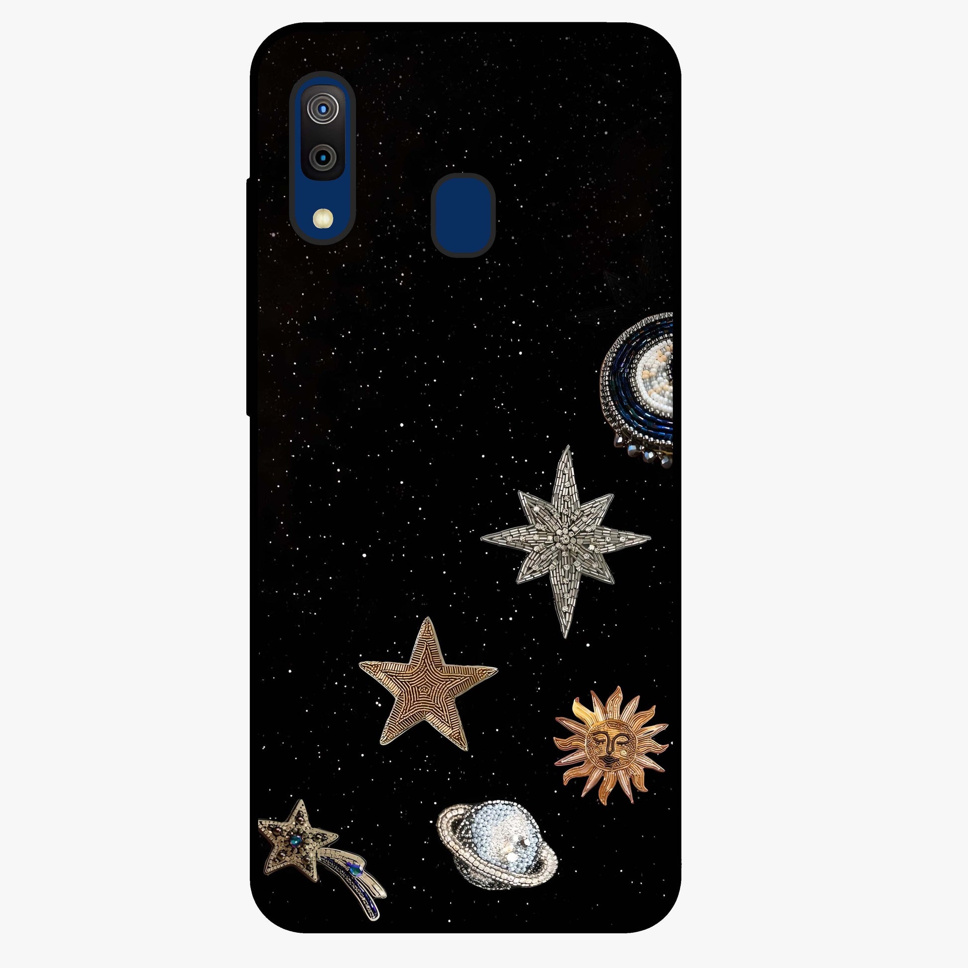 Galactic Charm Glow Glass Case showing flat back view with glowing celestial charm artwork and glossy glass finish.