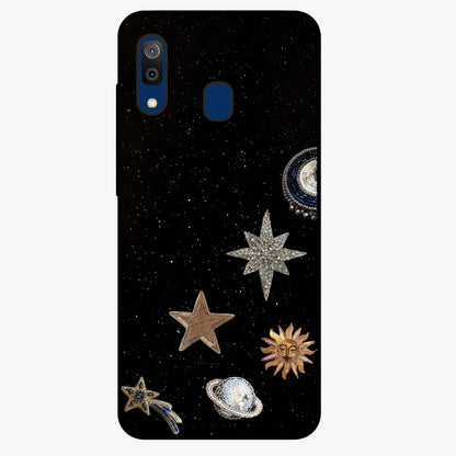 Galactic Charm Glow Glass Case showing flat back view with glowing celestial charm artwork and glossy glass finish.