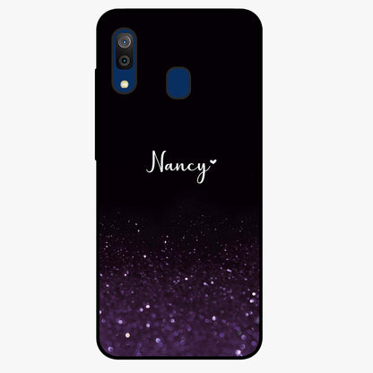 Glittery Purple Bokeh Custom Name Glass Case showing flat back view with purple bokeh sparkle artwork and personalized name design.