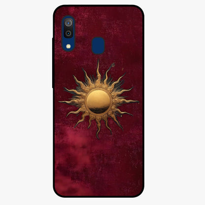 Gold Sun Blush Glass Case showing flat back view with golden sun inspired artwork and glossy glass finish.