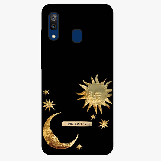 Golden Celestial Charm Glass Case showing flat back view with golden celestial charm artwork and glossy glass finish.