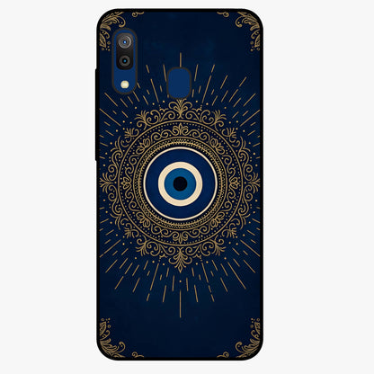 Golden Evil Eye Mandala Glass Case showing flat back view with intricate evil eye mandala artwork and glossy glass finish.