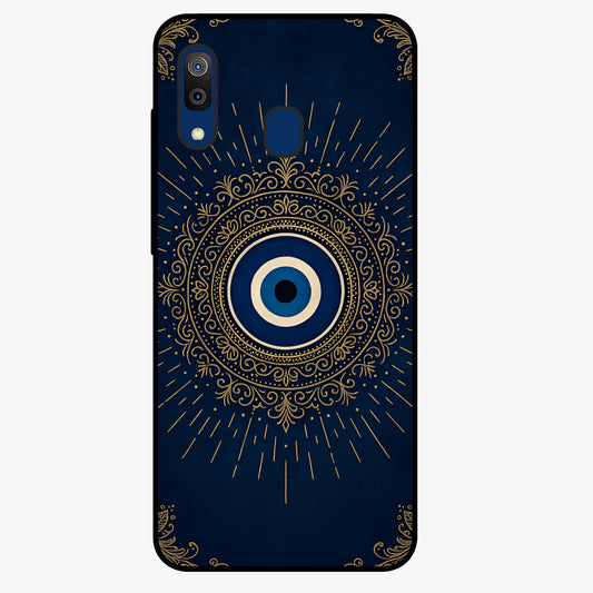 Golden Evil Eye Mandala Glass Case showing flat back view with intricate evil eye mandala artwork and glossy glass finish.