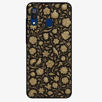 Golden Floral Majesty Glass Case showing flat back view with luxurious golden floral artwork and glossy glass finish.