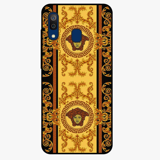 Golden Royal Heritage Glass Case showing flat back view with ornate royal pattern artwork and glossy glass finish.