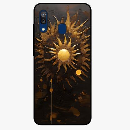 Golden Sun Majesty Glass Case showing flat back view with radiant golden sun artwork and glossy glass finish.