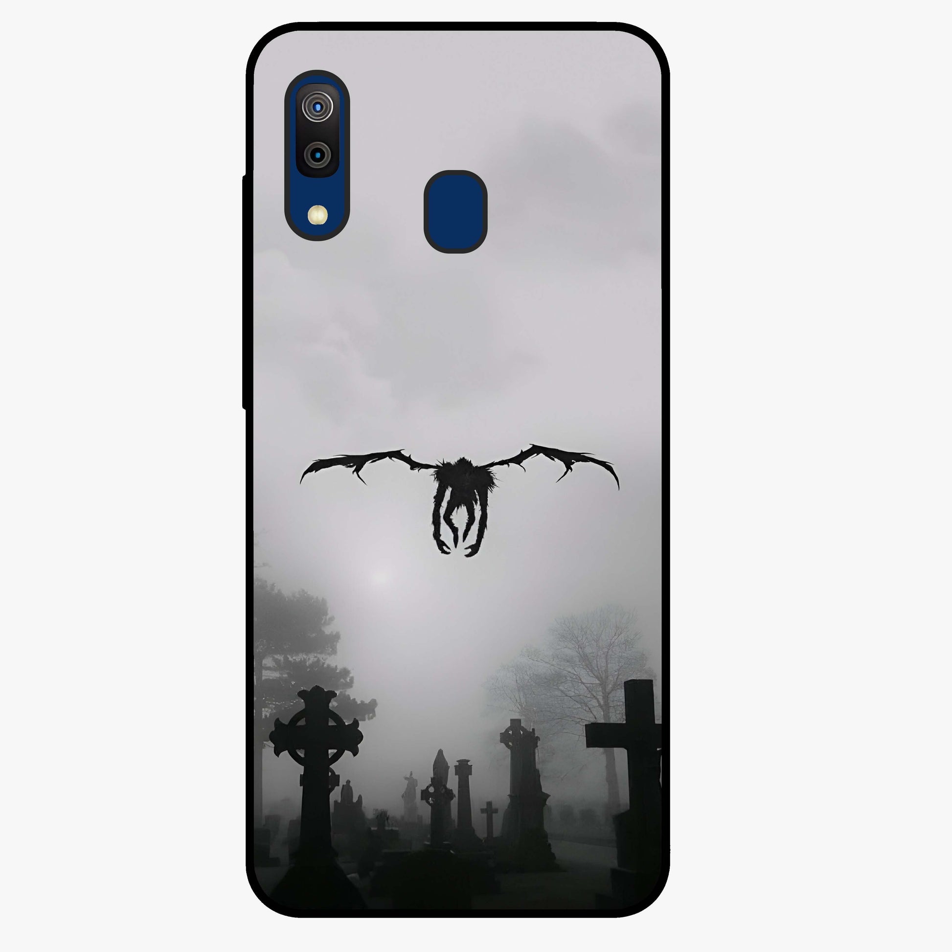 Graveyard Shadow Descent Glass Case showing flat back view with dark graveyard themed artwork and glossy glass finish.