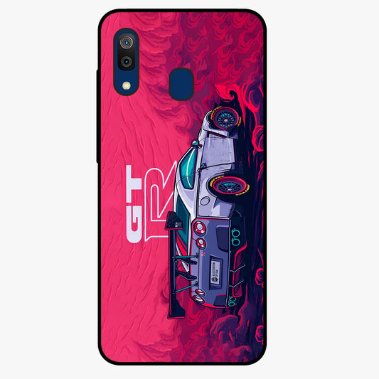 GT-R Car Pattern Glass Case showing flat back view with sporty car inspired pattern artwork and glossy glass finish.