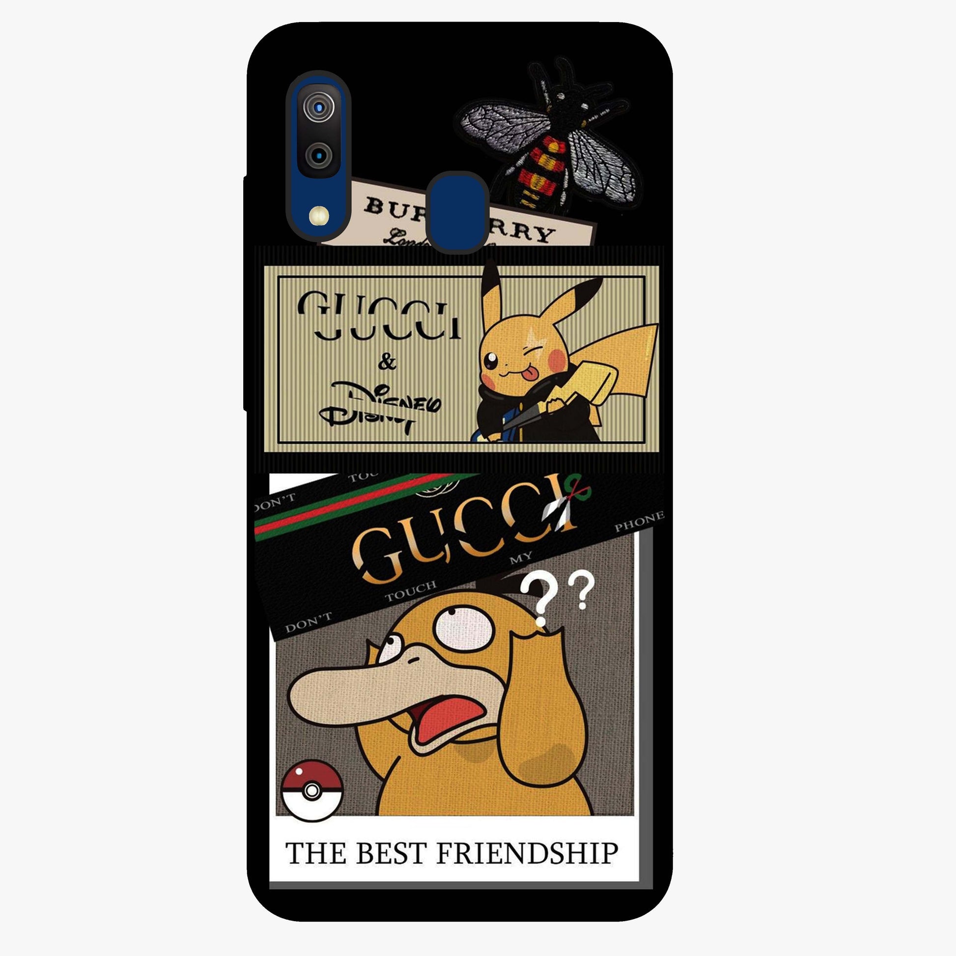 Gucci Play Mashup Glass Case showing flat back view with luxury inspired graphic artwork and glossy glass finish.