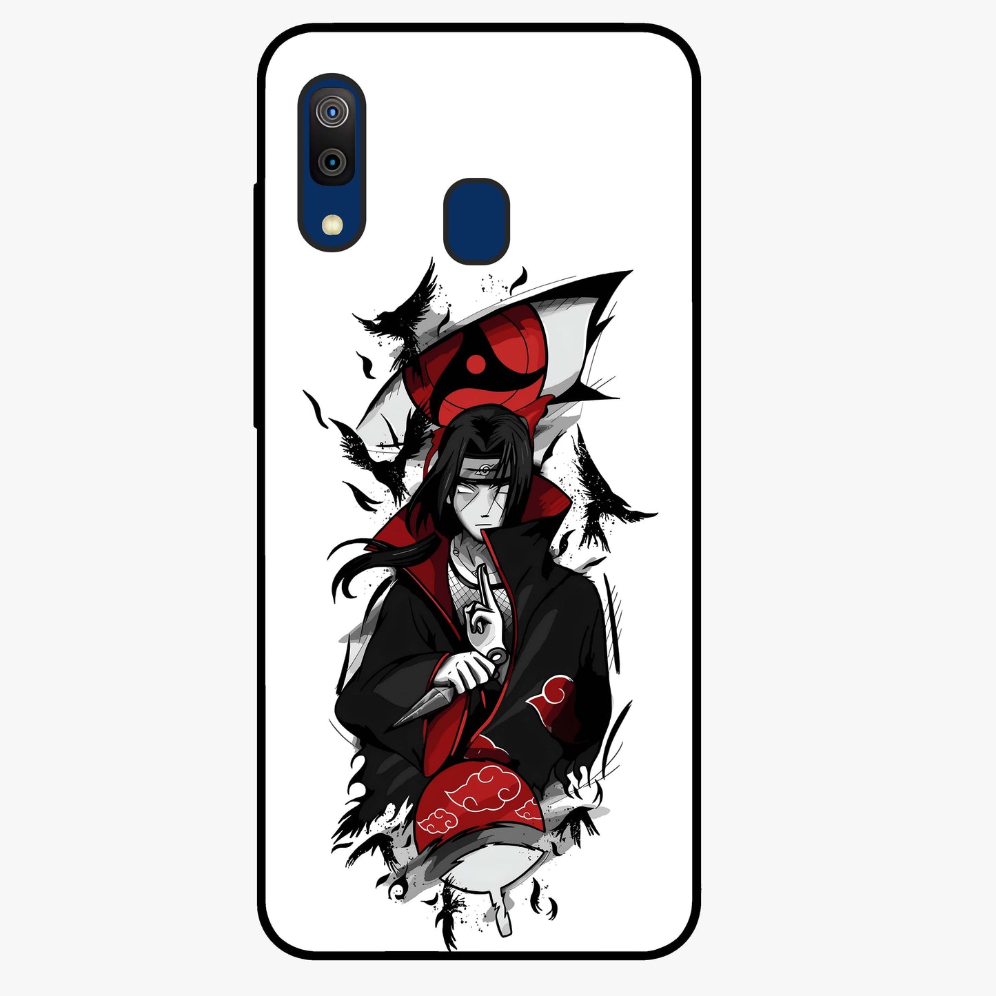 Itachi Sharingan Glass Case showing flat back view with powerful anime eye artwork and glossy glass finish.