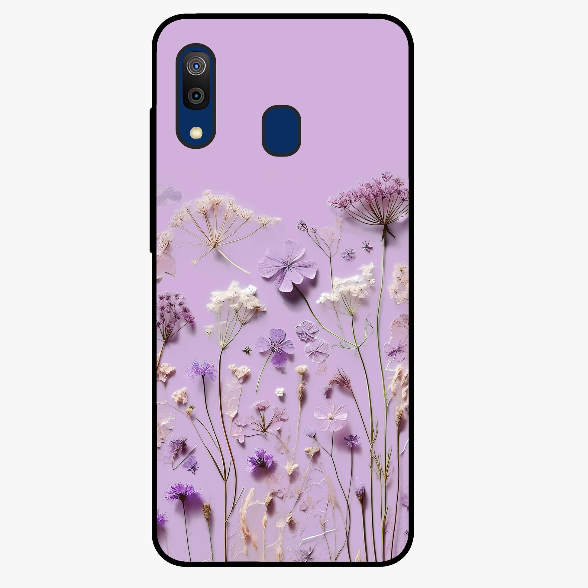 Lavender Blossom Dream Glass Case showing flat back view with soft lavender floral artwork and glossy glass finish.