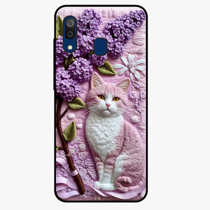 Lavender Cat Whimsy Glass Case showing flat back view with cute lavender cat artwork and glossy glass finish.