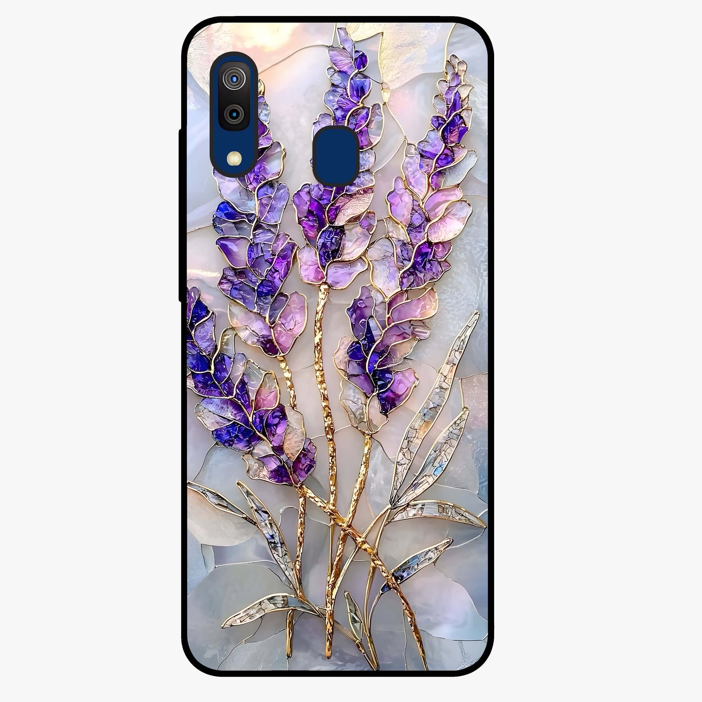 Lavender Dream Glow Glass Case showing flat back view with glowing lavender aesthetic artwork and glossy glass finish.