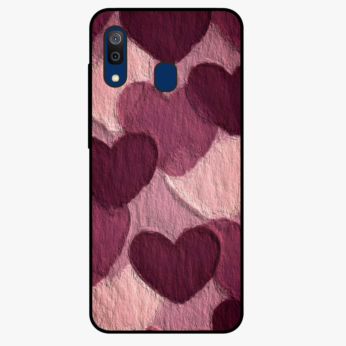 Layered Paper Hearts Glass Case showing flat back view with layered paper heart artwork and glossy glass finish.