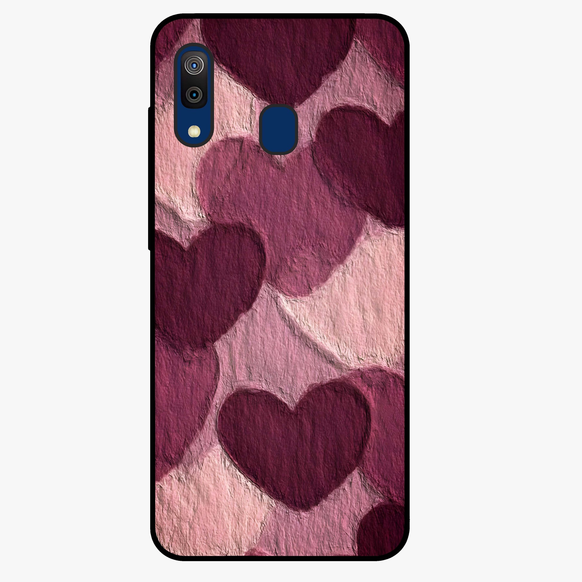 Layered Paper Hearts Glass Case showing flat back view with layered paper heart artwork and glossy glass finish.