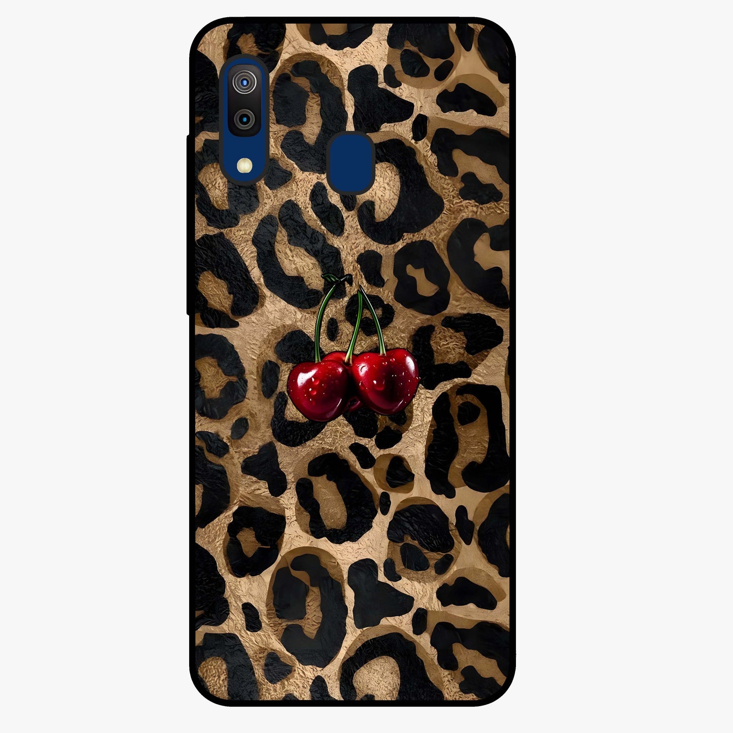 Leopard Wild Cherry Glass Case showing flat back view with leopard pattern and cherry artwork and glossy glass finish.
