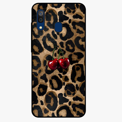 Leopard Wild Cherry Glass Case showing flat back view with leopard pattern and cherry artwork and glossy glass finish.