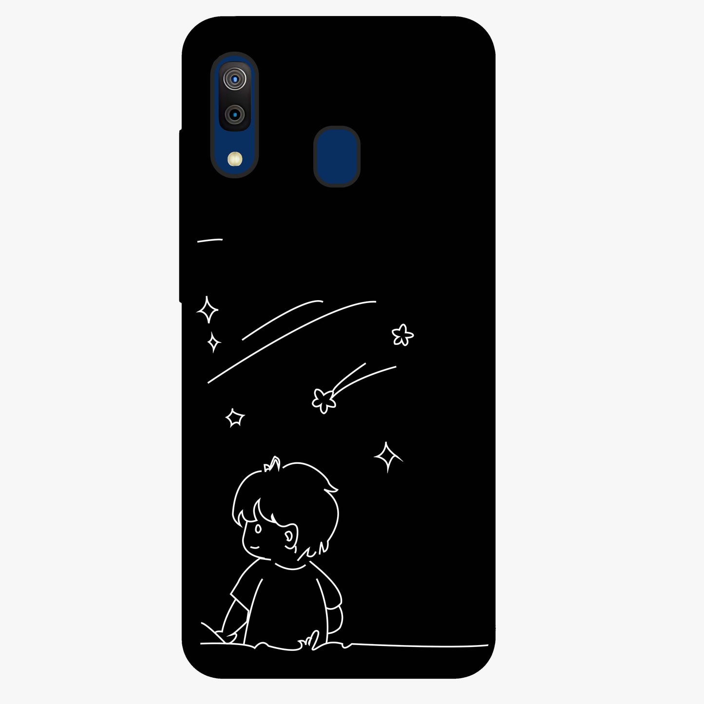 Line Art Boy With Shooting Stars Glass Case showing flat back view with minimal line art boy and shooting stars illustration and glossy glass finish.