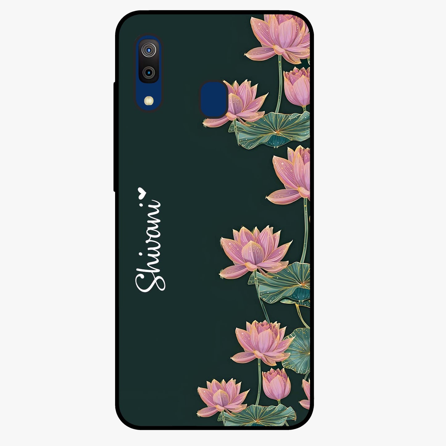 Lotus Bloom Serenity Custom Name Glass Case showing flat back view with elegant lotus flower artwork and personalized name design.