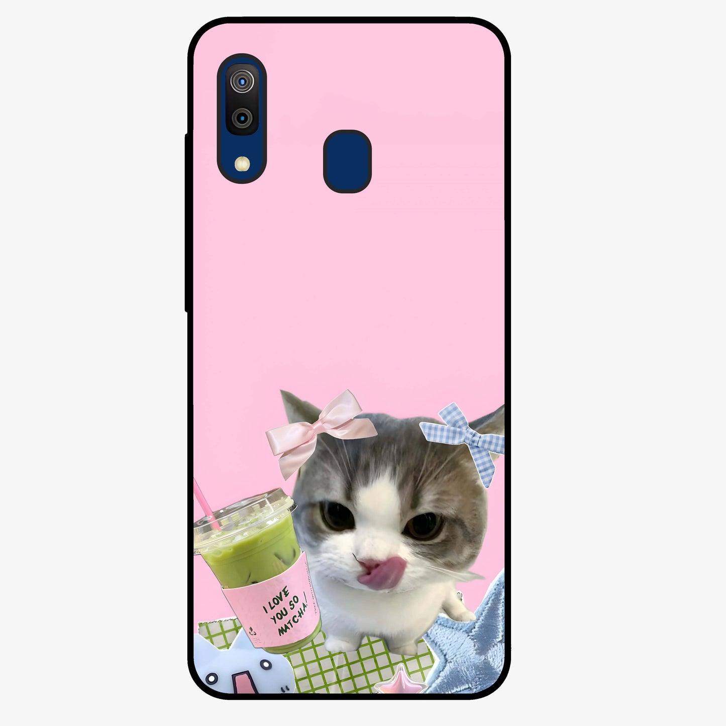 Love Matcha Cat Glass Case showing flat back view with cute cat and matcha themed artwork and glossy glass finish.