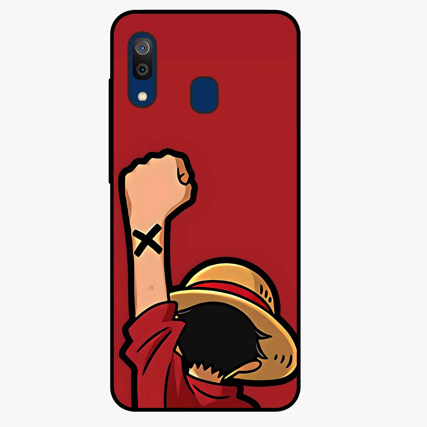 Luffy X Spirit Glass Case showing flat back view with bold anime character artwork and glossy glass finish.