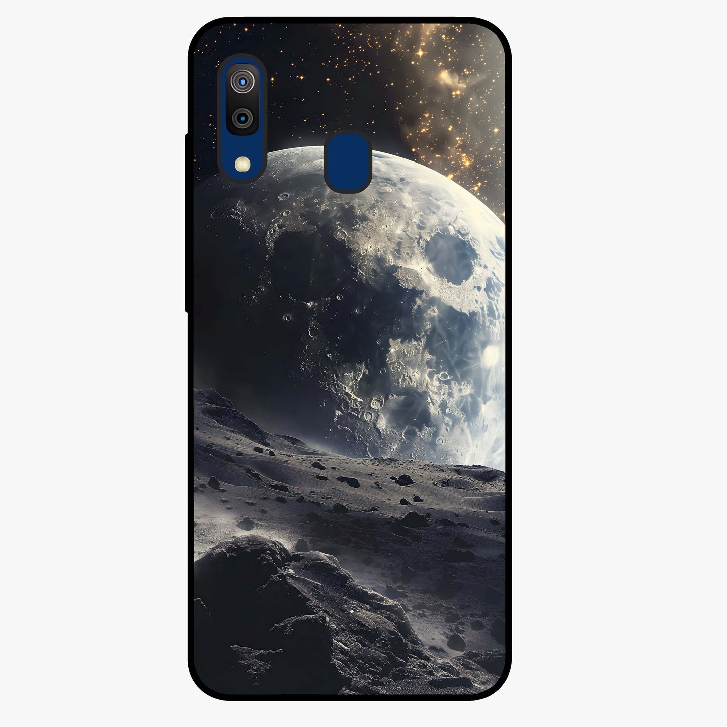 Lunar Horizon Glow Glass Case showing flat back view with glowing moon horizon artwork and glossy glass finish.